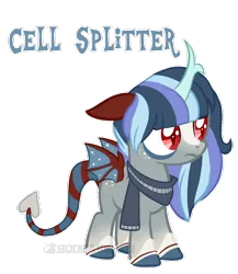Size: 1024x1182 | Tagged: safe, artist:squeakshimi, derpibooru import, oc, oc:cell splitter, hybrid, base used, clothes, interspecies offspring, male, offspring, parent:discord, parents:trixcord, parent:trixie, scarf, simple background, solo, transparent background