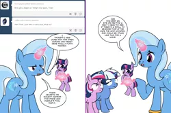 Size: 1204x800 | Tagged: safe, artist:dekomaru, derpibooru import, trixie, twilight sparkle, oc, oc:aurora, oc:nebula, pony, unicorn, tumblr:ask twixie, age regression, ask, baby, baby pony, colt, comic, diaper, female, filly, magic, magical lesbian spawn, male, offspring, parent:trixie, parent:twilight sparkle, parents:twixie, tumblr