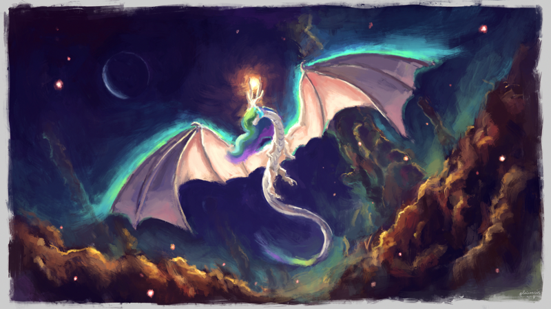 Size: 1920x1080 | Tagged: artist:plainoasis, crescent moon, derpibooru import, dragon, dragonified, dragonlestia, female, flying, moon, nebula, night, pillars of creation, princess celestia, safe, solo, species swap, spread wings, wings