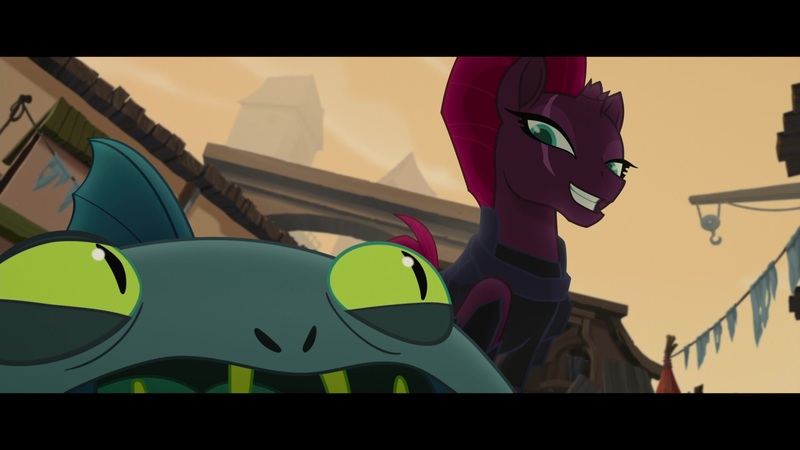 Size: 1920x1080 | Tagged: safe, derpibooru import, screencap, mori, tempest shadow, unicorn, my little pony: the movie, armor, defeated, evil grin, eye scar, female, fishman, grin, interrogation, klugetown, looking up, mare, mohawk, questioning, scar, scared, smiling