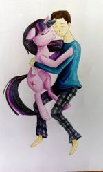 Size: 692x1154 | Tagged: safe, artist:aohakath, derpibooru import, twilight sparkle, twilight sparkle (alicorn), oc, alicorn, human, pony, barefoot, canon x oc, carrying, clothes, cloud, couple, cuddling, cute, feet, female, fun, happy, heart, hug, human male, human on pony snuggling, incoming hug, interspecies, love, lying, male, mane, mare, shipping, smiling, snuggling, traditional art, true love, wings