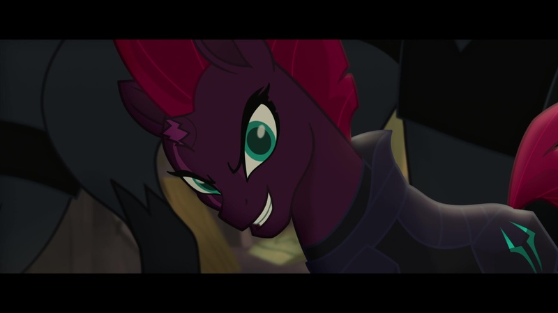 Size: 1920x1080 | Tagged: derpibooru import, discovery, evil grin, grin, klugetown, my little pony: the movie, safe, screencap, silly little ponies, sinister, smiling, storm guard, tempest shadow, tempest shadow's bodyguard