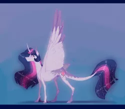 Size: 1900x1650 | Tagged: safe, artist:eugenchen, derpibooru import, twilight sparkle, twilight sparkle (alicorn), alicorn, pony, abstract background, alternate design, coat markings, colored wings, colored wingtips, curved horn, cutie mark, dappled, ethereal mane, female, leonine tail, letterboxing, long tail, mare, shadow, solo, spread wings, starry mane, stripes, unshorn fetlocks, wings