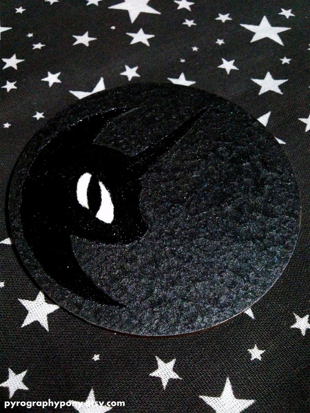 Size: 1620x2160 | Tagged: artist:aracage, coaster, craft, derpibooru import, emblem, etsy, irl, nightmare moon, photo, safe, traditional art, woodwork