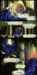 Size: 1280x2560 | Tagged: safe, artist:seventozen, derpibooru import, princess luna, pony, comic:the day breaks softly, comic, letter, magic, plant, solo, stained glass