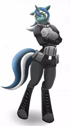 Size: 728x1280 | Tagged: safe, artist:ansil, derpibooru import, oc, oc:skyfall, unofficial characters only, anthro, unguligrade anthro, unicorn, armor, crossed arms, fallout, fallout: new vegas, female, green eyes, looking at you, mare, simple background, standing, stealth suit mk ii, white background