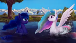 Size: 1920x1080 | Tagged: safe, artist:quvr, derpibooru import, princess celestia, princess luna, alicorn, pony, behaving like a duck, duo, female, mare, missing accessory, mountain, mountain range, royal sisters, spread wings, swanlestia, swanluna, swimming, tree, water