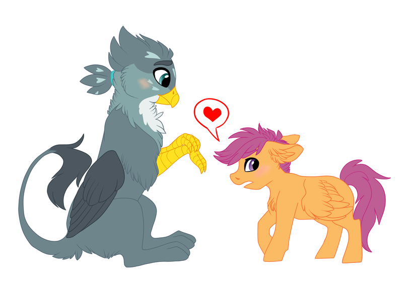 Size: 2400x1700 | Tagged: safe, artist:silcybell, deleted from derpibooru, derpibooru import, gabby, scootaloo, gryphon, pegasus, pony, blushing, confession, duo, female, filly, floppy ears, gabbyloo, heart, lesbian, looking away, pictogram, shipping, simple background, sitting, white background