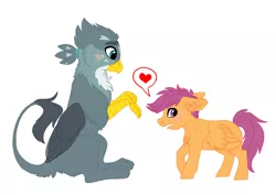 Size: 2400x1700 | Tagged: safe, artist:silcybell, deleted from derpibooru, derpibooru import, gabby, scootaloo, gryphon, pegasus, pony, blushing, confession, duo, female, filly, floppy ears, gabbyloo, heart, lesbian, looking away, pictogram, shipping, simple background, sitting, white background