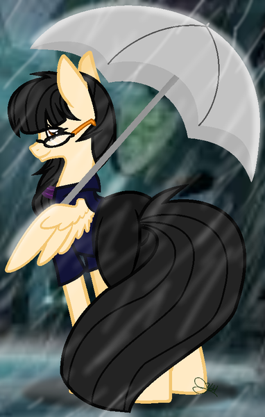 Size: 596x936 | Tagged: safe, artist:leanne264, derpibooru import, oc, oc:mai khahn, pegasus, pony, base used, clothes, female, glasses, mare, pants, shirt, solo, umbrella