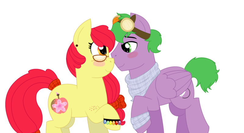 Size: 1024x561 | Tagged: safe, artist:strawberry-spritz, derpibooru import, apple bloom, spike, ponified, earth pony, pegasus, pony, alternate cutie mark, alternate hairstyle, blushing, bracelet, clothes, cute, female, freckles, glasses, goggles, jewelry, male, mare, older, older apple bloom, older spike, ponified spike, ribbon, scarf, shipping, simple background, species swap, spikebloom, stallion, straight, transparent background