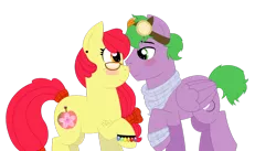Size: 1024x561 | Tagged: safe, artist:strawberry-spritz, derpibooru import, apple bloom, spike, ponified, earth pony, pegasus, pony, alternate cutie mark, alternate hairstyle, blushing, bracelet, clothes, cute, female, freckles, glasses, goggles, jewelry, male, mare, older, older apple bloom, older spike, ponified spike, ribbon, scarf, shipping, simple background, species swap, spikebloom, stallion, straight, transparent background