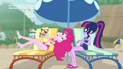 Size: 1280x720 | Tagged: safe, derpibooru import, screencap, feather bangs, pinkie pie, sci-twi, twilight sparkle, equestria girls, equestria girls series, friendship math, barefoot, beach, clothes, duo, duo female, feet, female, geode of sugar bombs, geode of telekinesis, sandals, schrödinger's pantsu, swimsuit, umbrella