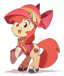 Size: 1827x2152 | Tagged: safe, artist:shira-hedgie, derpibooru import, apple bloom, earth pony, pony, adorabloom, bow, bowtie, cloche hat, clothes, cute, cutie mark, female, filly, hair bow, hat, outfit, rearing, shoes, simple background, solo, the cmc's cutie marks, white background