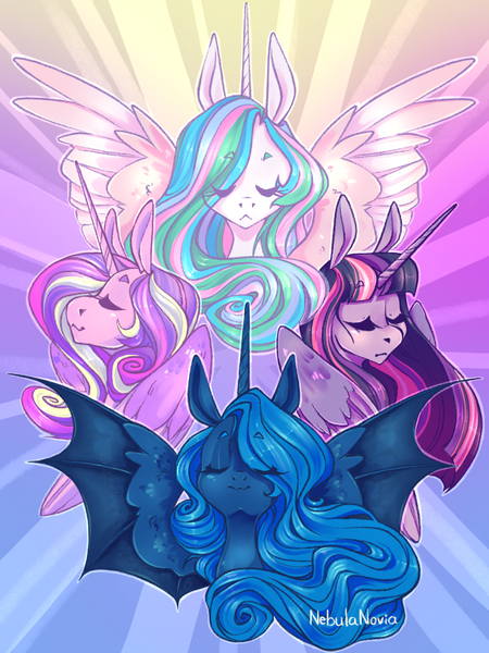 Size: 1024x1366 | Tagged: safe, artist:nebulanovia, derpibooru import, princess cadance, princess celestia, princess luna, twilight sparkle, twilight sparkle (alicorn), alicorn, bat pony, bat pony alicorn, pony, alicorn tetrarchy, bat wings, bust, eyes closed, female, hybrid wings, mare, portrait, spread wings, sunburst background, wings