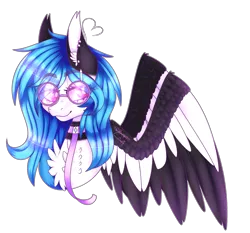 Size: 2984x2779 | Tagged: safe, artist:honeybbear, derpibooru import, oc, oc:beatz, unofficial characters only, pegasus, pony, bust, chest fluff, collar, colored pupils, colored wings, colored wingtips, ear fluff, ear piercing, female, glasses, high res, looking at you, mare, piercing, portrait, simple background, solo, spread wings, transparent background, two toned wings, wings