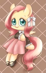 Size: 577x920 | Tagged: safe, artist:shusu, derpibooru import, fluttershy, pegasus, pony, blouse, bow, clothes, cute, dress, hair bow, looking at you, mary janes, shoes, sitting, skirt, solo