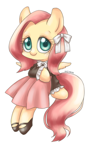 Size: 577x920 | Tagged: safe, artist:shusu, derpibooru import, fluttershy, pegasus, pony, blouse, bow, clothes, cute, dress, hair bow, looking at you, mary janes, shoes, simple background, sitting, skirt, solo, white background