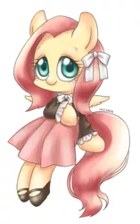 Size: 577x920 | Tagged: safe, artist:shusu, derpibooru import, fluttershy, pegasus, pony, blouse, bow, clothes, cute, dress, hair bow, looking at you, mary janes, shoes, simple background, sitting, skirt, solo, white background