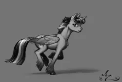 Size: 900x600 | Tagged: safe, artist:amarynceus, deleted from derpibooru, derpibooru import, twilight sparkle, twilight sparkle (alicorn), alicorn, pony, :p, cloven hooves, cutie mark, female, galloping, gray background, grayscale, horn, mare, monochrome, realistic horse legs, running, silly, simple background, smiling, solo, tongue out, unshorn fetlocks, wings