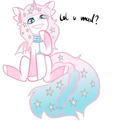 Size: 508x505 | Tagged: safe, artist:dookin, artist:pastel-pony-princess, color edit, derpibooru import, edit, oc, unofficial characters only, alicorn, bat pony, bat pony alicorn, pony, bat pony oc, collar, colored, curved horn, cute, ear fluff, female, gradient tail, hoof on chin, looking at you, simple background, sitting, slit eyes, socks (coat marking), solo, transparent background, unshorn fetlocks, you mad?