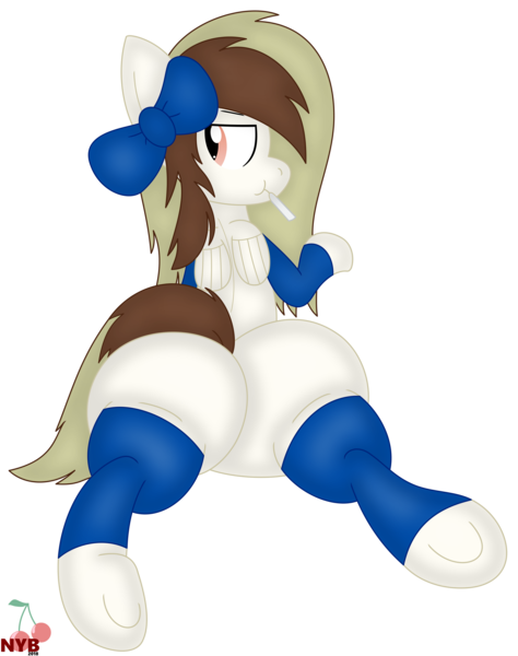 Size: 4224x5344 | Tagged: suggestive, artist:notyobizz, derpibooru import, oc, unnamed oc, unofficial characters only, pony, absurd resolution, bowtie, candy, clothes, female, food, lollipop, looking back, plot, simple background, socks, solo, solo female, transparent background, underhoof