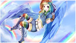 Size: 1920x1080 | Tagged: anime, artist:wolfchen999, belly button, boots, clothes, converse, derpibooru import, female, fingerless gloves, gloves, human, humanized, midriff, open mouth, rainbow dash, rainbow socks, safe, shoes, shorts, short shirt, socks, solo, striped socks, winged humanization, wings