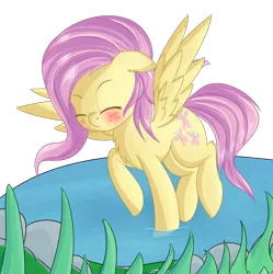 Size: 1004x1010 | Tagged: safe, artist:brok-enwings, derpibooru import, fluttershy, pegasus, pony, blushing, cute, eyes closed, female, flying, mare, plants, pond, raised hoof, rock, shyabetes, simple background, smiling, solo, spread wings, transparent background, water, wings