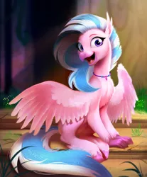 Size: 2218x2682 | Tagged: artist:imalou, chest fluff, classical hippogriff, cute, derpibooru import, detailed, diastreamies, female, fluffy, happy, hippogriff, jewelry, looking at you, necklace, open mouth, safe, school daze, silverstream, sitting, smiling, solo, spread wings, unshorn fetlocks, wings
