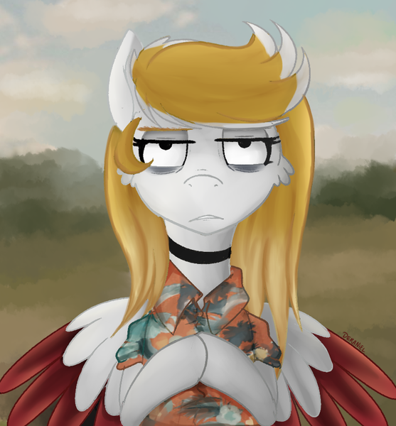 Size: 811x873 | Tagged: safe, artist:deraniel, derpibooru import, oc, oc:silver hush, pegasus, pony, bags under eyes, clothes, female, hooves together, mare, outdoors, tired
