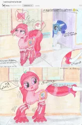 Size: 3436x5245 | Tagged: safe, artist:magnifsunspiration, derpibooru import, rarity, oc, oc:cherry doof, earth pony, pony, female, helmet, mare, rarispy, roller skates, tail, tail pull, traditional art