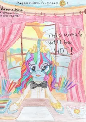 Size: 2448x3481 | Tagged: safe, artist:magnifsunspiration, derpibooru import, oc, oc:feeria lovestory, pony, bowtie, clothes, curtain, female, high res, magic, mare, pencil, shirt, solo, sun, traditional art