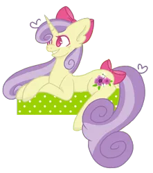 Size: 1503x1700 | Tagged: safe, artist:chococakebabe, derpibooru import, oc, oc:meadow blossom, pony, unicorn, bow, female, hair bow, mare, prone, simple background, solo, transparent background