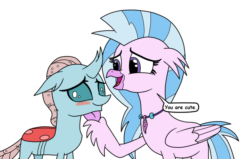 Size: 1727x1135 | Tagged: artist:eagc7, blushing, changedling, changeling, classical hippogriff, cute, derpibooru import, dialogue, diaocelles, diastreamies, eye contact, female, floppy ears, hippogriff, interspecies, lesbian, looking at each other, ocellus, ocellustream, open mouth, safe, shipping, silverstream, simple background, smiling, text, transparent background, truth