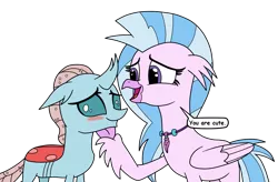 Size: 1727x1135 | Tagged: artist:eagc7, blushing, changedling, changeling, classical hippogriff, cute, derpibooru import, dialogue, diaocelles, diastreamies, eye contact, female, floppy ears, hippogriff, interspecies, lesbian, looking at each other, ocellus, ocellustream, open mouth, safe, shipping, silverstream, simple background, smiling, text, transparent background, truth