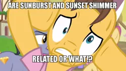 Size: 800x450 | Tagged: caption, caramel, derpibooru import, diamond cutter, dramamel, edit, edited screencap, exploitable meme, fame and misfortune, headcanon, image macro, meme, safe, screencap, sunburst, sunny siblings, sunset shimmer, text