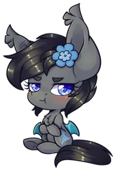 Size: 405x598 | Tagged: safe, artist:ak4neh, derpibooru import, oc, oc:seachell, unofficial characters only, bat pony, bat pony oc, blushing, chest fluff, chibi, female, flower, flower in hair, fluffy, grumpy, mare, simple background, solo, transparent background