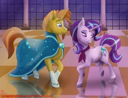 Size: 3300x2550 | Tagged: safe, artist:greenbrothersart, derpibooru import, starlight glimmer, sunburst, pony, unicorn, clothes, female, glasses, grand galloping gala, male, mare, robe, scarf, shipping, stallion, starburst, straight, sunburst's glasses, sunburst's robe