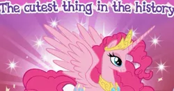 Size: 671x351 | Tagged: safe, derpibooru import, idw, pinkie pie, alicorn, pony, alicornified, cute, diapinkes, female, gameloft, idw showified, lidded eyes, mare, meme, pinkiecorn, princess of chaos, race swap, smiling, solo, sparkles, wow! glimmer, xk-class end-of-the-world scenario