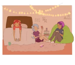 Size: 4621x4008 | Tagged: safe, artist:noahther, derpibooru import, starlight glimmer, sunset shimmer, trixie, human, equestria girls, absurd resolution, beanbag chair, beanie, bed, bedroom, clothes, controller, female, hat, humanized, mobile phone, pants, phone, shirt, smiling, socks, video game
