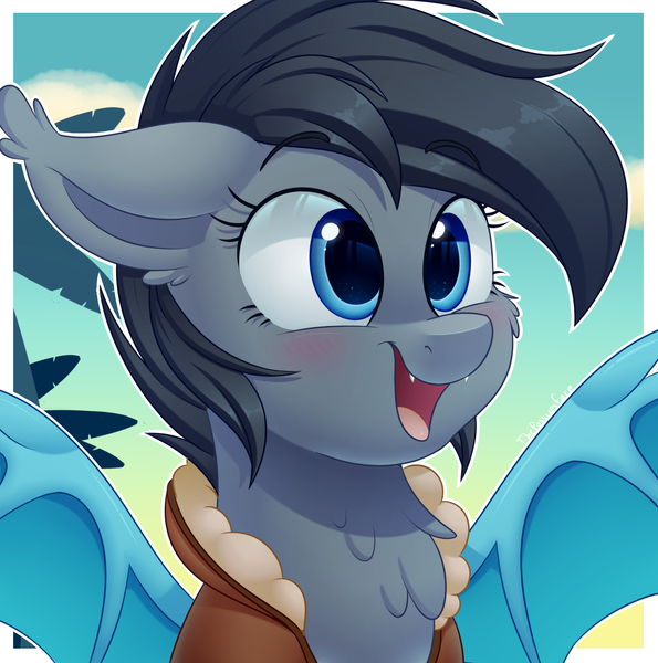 Size: 1918x1934 | Tagged: safe, artist:thegamblehorse, deleted from derpibooru, derpibooru import, oc, oc:seachell, unofficial characters only, bat pony, pony, avatar, bat pony oc, blushing, bomber jacket, bust, cheek fluff, chest fluff, cute, cute little fangs, ear fluff, fangs, female, fluffy, mare, ocbetes, open mouth, palm tree, simple background, sky, smiling, spread wings, tree, wings