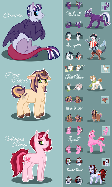 Size: 2550x4266 | Tagged: safe, artist:kittentrash, derpibooru import, oc, oc:cheshire, oc:haywire, oc:inkwell, oc:love letter, oc:petit choux, oc:petit trésor, oc:riposte, oc:scarlet heart, oc:velours rouge, unofficial characters only, draconequus, earth pony, hybrid, pony, unicorn, yakony, draconequus oc, female, interspecies offspring, male, mare, next next generation, offspring, offspring's offspring, parent:discord, parent:donut joe, parent:flash sentry, parent:oc:haywire, parent:oc:inkwell, parent:oc:love letter, parent:oc:petit choux, parent:oc:riposte, parent:oc:scarlet heart, parent:prince rutherford, parent:princess cadance, parent:rainbow dash, parent:rarity, parent:shining armor, parent:twilight sparkle, parents:discodash, parents:flashlight, parents:rarijoe, parents:shiningcadance, parents:twiford, stallion, unshorn fetlocks