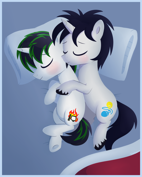 Size: 2000x2500 | Tagged: safe, artist:darkynez, derpibooru import, oc, oc:creative flair, unofficial characters only, pony, unicorn, bed, blushing, cuddling, gay, male, pillow