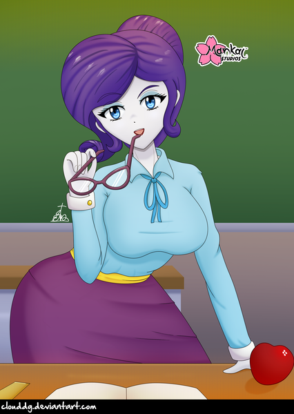 Size: 2222x3128 | Tagged: suggestive, artist:clouddg, derpibooru import, rarity, equestria girls, school daze, apple, breasts, busty rarity, chalkboard, clothes, cummerbund, desk, eyeshadow, female, food, glasses, glasses rarity, hair bun, lipstick, looking at you, makeup, necktie, open mouth, sash, schoolmarm rarity, shirt, skirt, smiling, solo, teacher