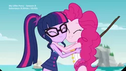 Size: 1280x720 | Tagged: safe, derpibooru import, screencap, pinkie pie, sci-twi, twilight sparkle, equestria girls, equestria girls series, friendship math, clothes, cute, duo, duo female, eyes closed, female, geode of telekinesis, grin, hug, magical geodes, smiling, squishy cheeks, swimsuit