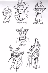 Size: 656x1004 | Tagged: artist:kuroneko, changedling, changeling, derpibooru import, fabulous, female, food, ink drawing, king thorax, king thorax the fabulous, lineart, male, monochrome, ocellus, pharynx, prince pharynx, purified chrysalis, queen chrysalis, safe, school daze, simple background, soup, soupling, sparkles, thorax, traditional art, white background