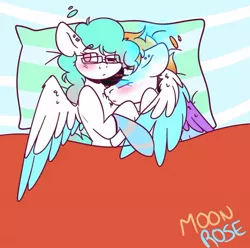 Size: 600x595 | Tagged: artist:tehgamingcherryyt, bed, cuddling, derpibooru import, female, hug, oc, oc:blue rose, oc:moonlight dusk, oc x oc, safe, shipping, winghug