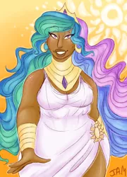 Size: 1800x2500 | Tagged: artist:ihasjessie-kat, breasts, cleavage, clothes, crown, dark skin, derpibooru import, egyptian, female, human, humanized, jewelry, looking at you, princess celestia, regalia, safe, smiling, solo