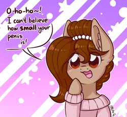 Size: 1280x1180 | Tagged: suggestive, artist:dsp2003, derpibooru import, edit, editor:moonatik, oc, oc:brownie bun, earth pony, pony, :3, :3c, abstract background, clothes, comic, dialogue, ear fluff, female, hoof over mouth, mare, open mouth, parody, pop team epic, single panel, size matters, small penis humiliation, smiling, solo, solo female, stars, sweater, text