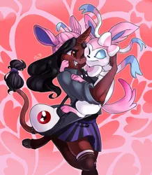 Size: 2700x3100 | Tagged: safe, artist:passigcamel, derpibooru import, oc, oc:moonlily, unofficial characters only, anthro, dracony, hybrid, sylveon, unguligrade anthro, unicorn, anthro oc, beanie, clothes, cloven hooves, commission, crossover, female, gift art, hat, hug, leonine tail, mare, older, one eye closed, pokémon, shirt, skirt, socks, teenager, thigh highs